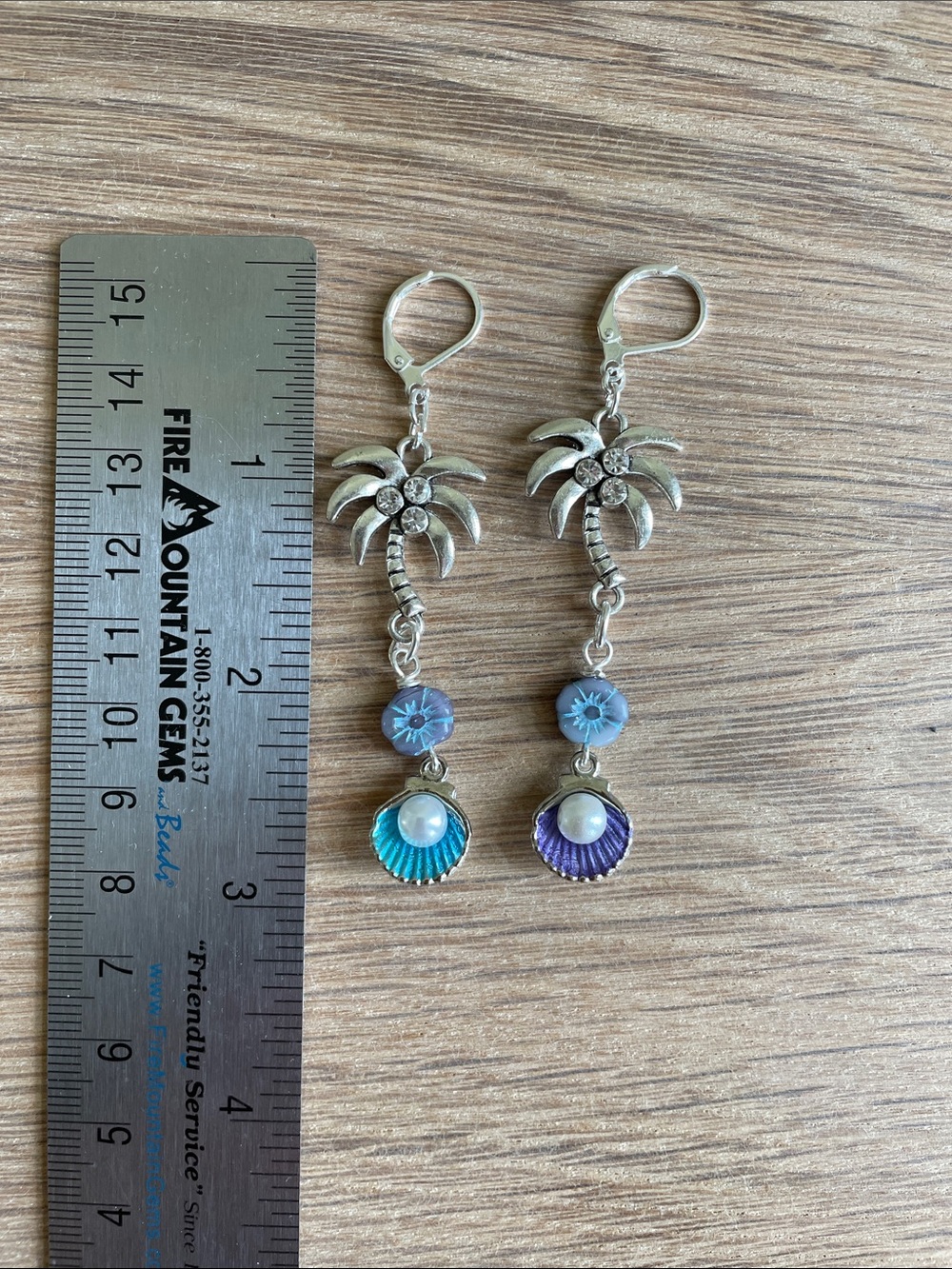 HAND CRAFTED EARRINGS, TROPICAL PALM TREE & CZECH GLASS FLOWER PEARL SHELL - Picture 7 of 12